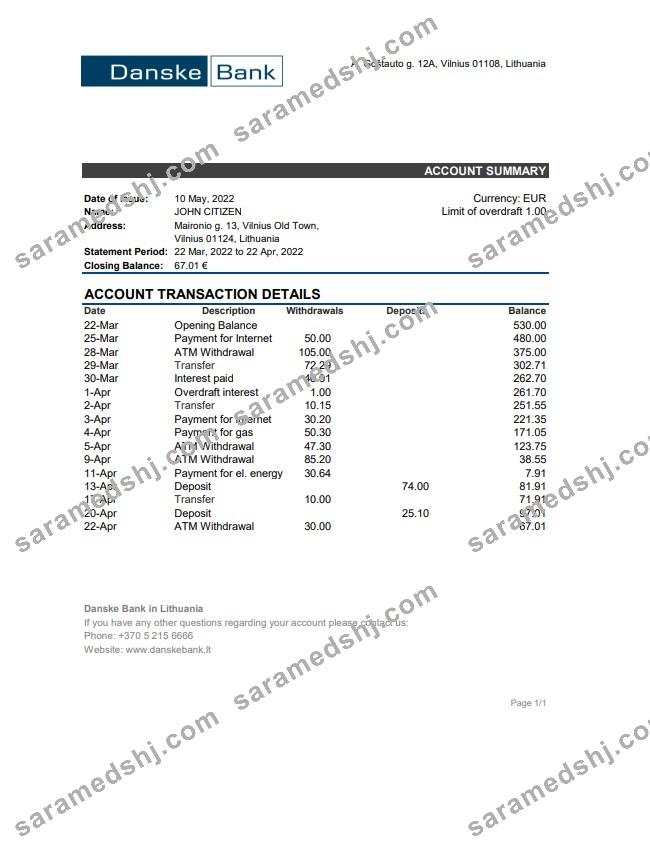 Lithuania Danske Bank statement